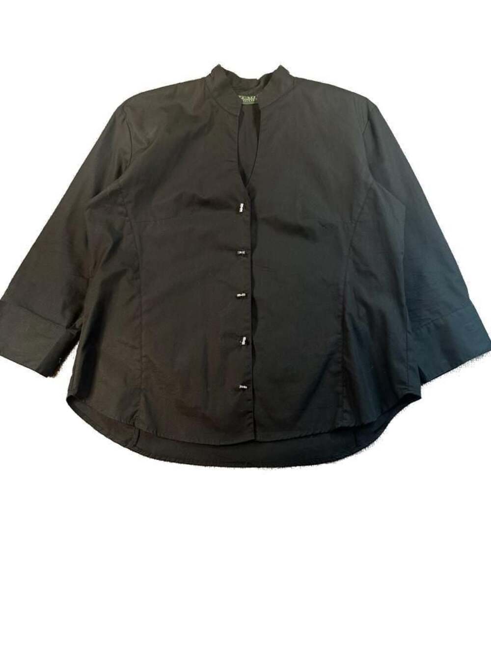 Harvé Benard Black Cotton Mandarin Collar Button-Down Shirt 3/4 Sleeve Shirt